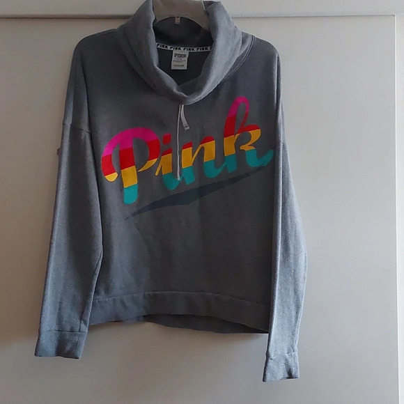 Victoria Secret pink rainbow spell out cowl neck pull over Small Gray - Picture 1 of 7